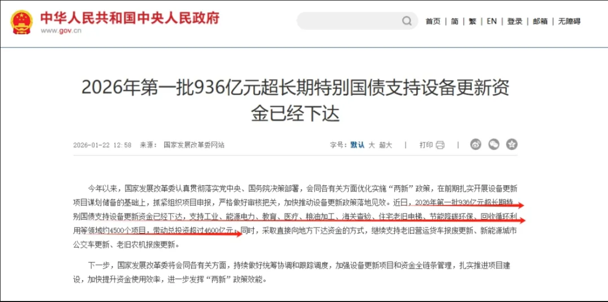 超长期特别国债支持设备更新资金